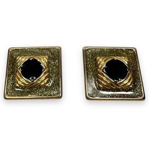Vintage Costume Jewelry Earrings Gold Tone Metal Glitter Resin Faux Black Stone